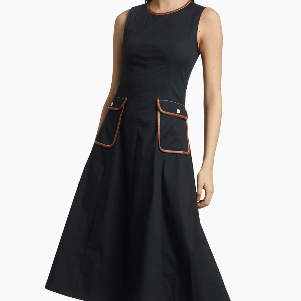 Staud Bait Faux Leather Trim Black Sleeveless Pocket Dress